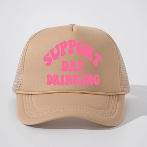 Khaki trucker hat with pink Support Day Drinking print and breathable mesh back