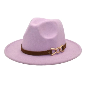 Detail of lavender wool fedora hat with brown leather band and rose gold chain buckle