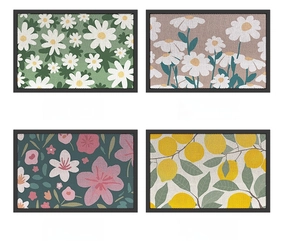 Close-up of four floral patterns including daisies and lemons on anti-slip entrance mats