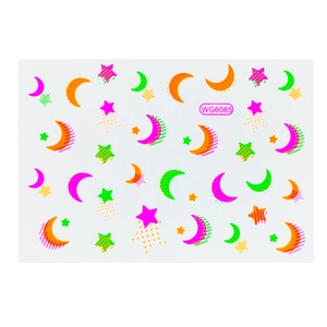 Detailed view of neon stars and moon nail art stickers with pop art stripe patterns