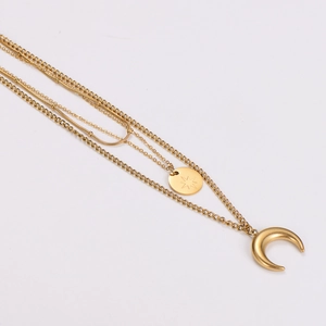 Three-layer gold stainless steel necklace featuring crescent moon and star pendant charms