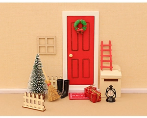 Detailed miniature Christmas dollhouse set with red door, wreath, and holiday accessories