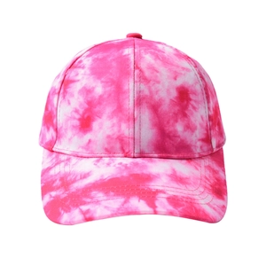 Detailed view of pink and white tie-dye cotton baseball cap with six-panel design