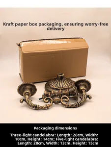 Detail of European bronze candle holder with intricate relief and corrugated box packaging