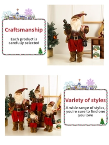 Detail of three European Santa Claus figurines in red and brown with mini Christmas trees