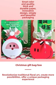 Detail of Christmas Santa and apple themed gift boxes with red ribbon handles