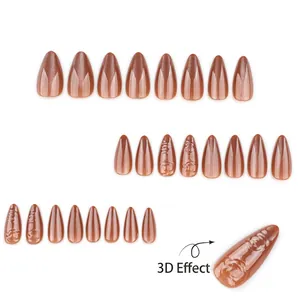 3D rose embossed cat eye press-on nails in gradient brown stiletto almond shape