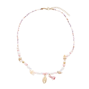 Beachy beaded necklace with imitation pearls, colorful sea shells and tassels on white background