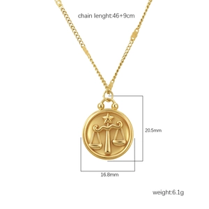 Gold Libra zodiac pendant necklace in polished stainless steel with detailed dimensions