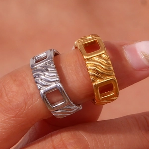Vintage gold and silver hollow square rings with diagonal textures in stainless steel