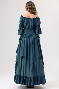 Detail of teal Renaissance gown featuring an off-shoulder neckline and layered ruffled hem