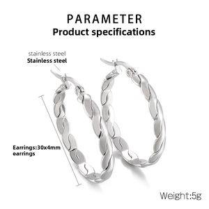 Detail of twisted spiral stainless steel earrings showing 30x4mm size and 5g weight specs
