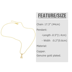Detailed size chart showing 17.3 inch chain length and 1.4cm gold letter A pendant