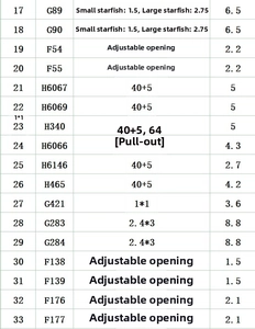 Detailed measurement table for 18k gold plated starfish and shell jewelry sizes