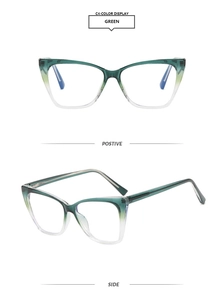 Detail view of square cat-eye glasses frame with green gradient finish and metal hinges