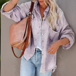 Western style purple distressed denim jacket with frayed edges and ripped details for women