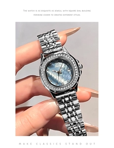 Detail of luxury Gedi silver watch with crystal bezel and blue mother of pearl dial