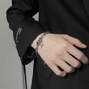 Stainless Steel Bracelet With Rectangular Synthetic Gemstone And Cross Star Pendant Men Women Industrial Punk Style