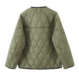 Olive green quilted reversible jacket featuring wavy stitching and a minimalist round neck