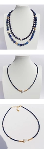 Detailed views of lapis lazuli beaded necklace with baroque pearls on a model and flat lay