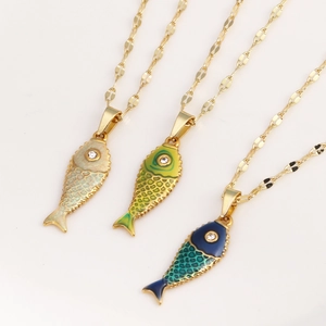 Vintage Chinese Style Koi Fish Pendant Necklace Stainless Steel Enamel Animal Shape With Rhinestone Eyes For Women
