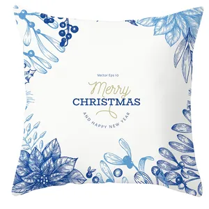 Blue snowflake and plant wreath Christmas pillow cover with Merry Christmas text