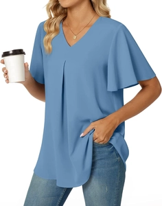 Detail of blue V-neck blouse featuring elegant petal sleeves and ruffled front texture