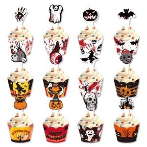 Set of 12 Halloween cupcake wrappers and toppers with pumpkin and ghost designs