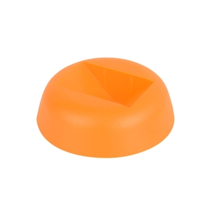 Dettaglio della base rotonda in plastica arancione con fessura triangolare per display box