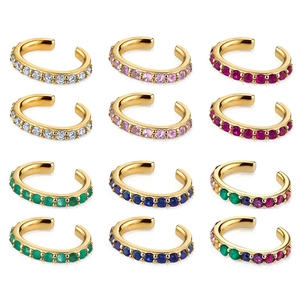 Niche Design Brass 24K Gold Plated C-Shaped Ear Cuff Inlaid With Colored Zirconia Non-Piercing Earrings Jewelry For Women