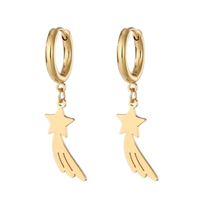 Pair of gold meteor hoop earrings with star pendants on a clean white background