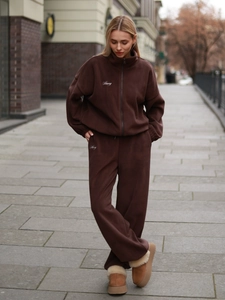 Women Polar Fleece Zip Up Jacket And Wide Leg Pants Warm Letter Embroidery Casual Sports Streetwear