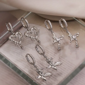 Vintage Butterfly Heart Dangle Earrings For Women Copper Rhinestone Lava Fluid Angel Wings Drop Earrings Fashion Jewelry Gift