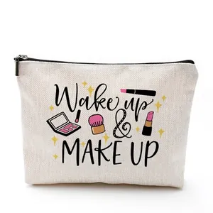 Waterproof linen makeup bag with zipper and Wake up & MAKE UP printed graphic
