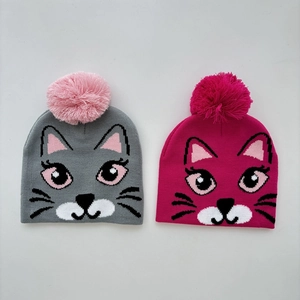 Double-layered Halloween cartoon cat jacquard knitted beanies with soft pom-poms for girls