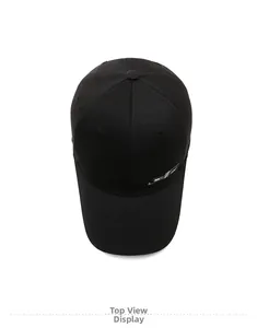 Top view of a black cotton baseball cap showing the structured crown and silver side logo