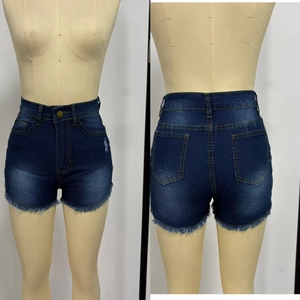 Detailed front and back view of dark blue frayed denim shorts on a mannequin