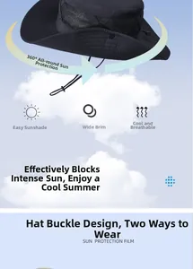 Détail d'un chapeau solaire bleu marine avec large bord, aérations et boucle métallique