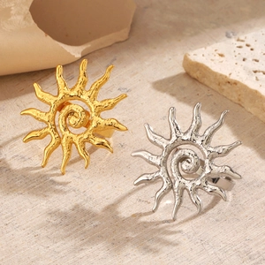 18K gold plated sun rings with spiral totem and wavy texture in gold and silver