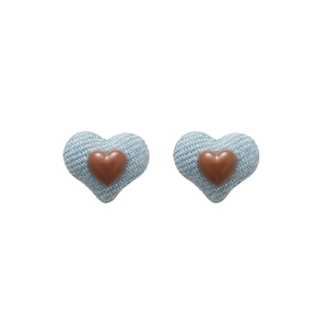 Blue and brown denim heart stud earrings with silver needles and resin center