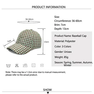 Houndstooth knit baseball cap with 56-60cm adjustable circumference and size chart info