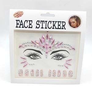 Pink rhinestone face sticker set with matching faux nails for music festivals