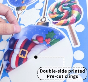 Detail showing double-sided printed Christmas Santa and candy pre-cut static window clings