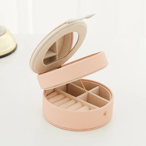 Pink semi-circle double-layer portable jewelry box with built-in mirror and ring slots