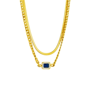 Collier double rang doré avec chaîne serpent, gourmette et pendentif pierre bleue carrée