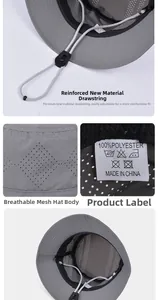 Detail of grey waterproof outdoor bucket hat showing mesh vents and adjustable drawcord