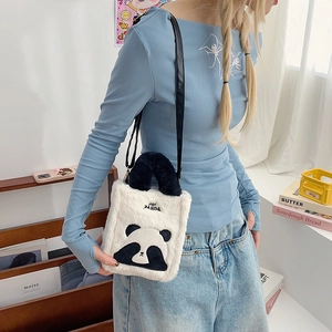 Cute panda plush crossbody bag with soft faux fur texture and black shoulder strap