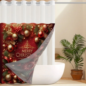 Close-up of waterproof Christmas shower curtain with red festive baubles and golden motifs