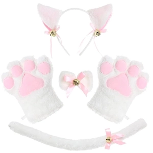 Cute white and pink plush cat cosplay set with cat ears headband, paws, and tail with bells