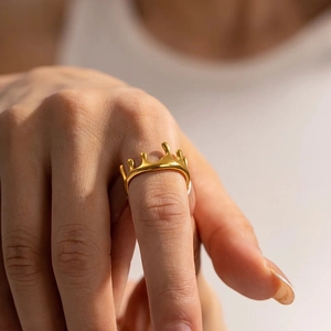 Lava crown style gold adjustable stainless steel ring with fluid drip design for women